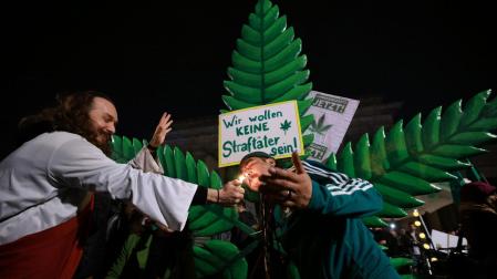 Unos 1.500 berlineses se concentraron en torno a la medianoche delante de la Puerta de Brandeburgo junto con una maqueta de un metro de altura de una hoja de cáñamo y carteles