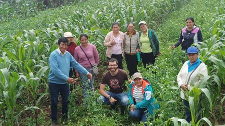 Xabier Pérez, agachado, junto a mujeres campesinas de la provincia de Bolivar en una parcela de diversificación y purificación de semillas.