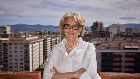 La pamplonesa Amparo Zubiri Jaurrieta, en la terraza de su casa de la avenida Bayona, con Pamplona y algunos pueblos de la cuenca de fondo.