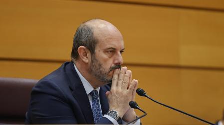 El presidente del Senado, Pedro Rollán, pensativo este miércoles durante la sesión de control al Gobierno