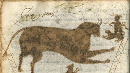 Suerte taurina con perros, el astado y el matabueyes en Pamplona. Dibujo en la cartilla manuscrita de aprendizaje de gramática, realizada en Pamplona c. 1715