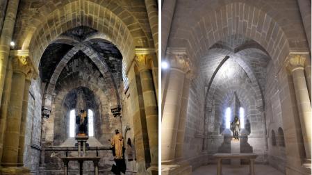 La misma capilla del interior del monasterio, antes y después de los trabajos de restauración