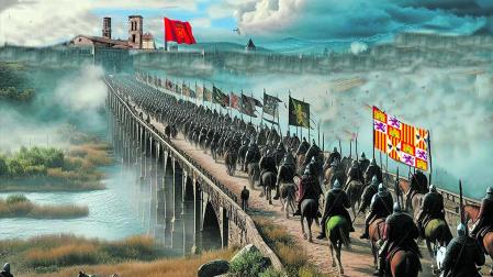 LA INVASIÓN CASTELLANA Entrada de las tropas castellanas a Tudela a través del puente del Ebro creada por Inteligencia Artificial