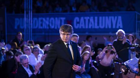 Puigdemont, este miércoles en un acto electoral de JxCat en Argelès-sur-Mer (Francia).