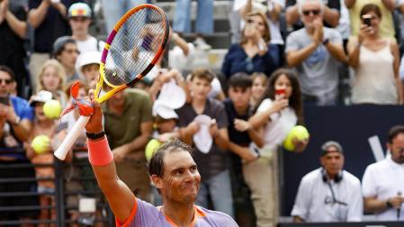 Rafa Nadal celebra el triunfo en la primera ronda del Masters 1000 de Roma.