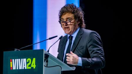El presidente de Argentina, Javier Milei, durante su intervención en el acto 'Viva 24' de VOX, en Madrid