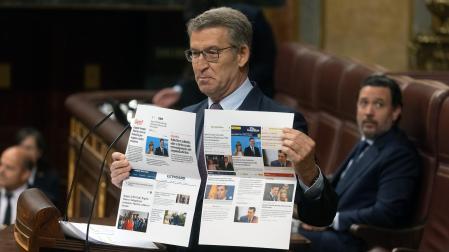El presidente del PP, Alberto Núñez Feijóo, interviene este miércoles en el Congreso de los Diputados