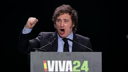 El presidente de Argentina, Javier Milei, durante su intervención en el acto 'Viva 24' de VOX, en Madrid