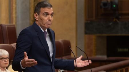El presidente del Gobierno, Pedro Sánchez, interviene durante una sesión plenaria, en el Congreso de los Diputados para tratar la denuncia contra su esposa, Begoña Gómez, por sus actividades profesionales
