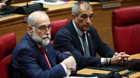 Fernando Domínguez y Óscar Chivite, consejeros de Salud y Cohesión Territorial, respectivamente, ayer en el Parlamento de Navarra