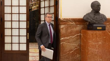 El líder del PP, Alberto Núñez Feijóo, sale de una sesión de control al Gobierno, en el Congreso de los Diputados