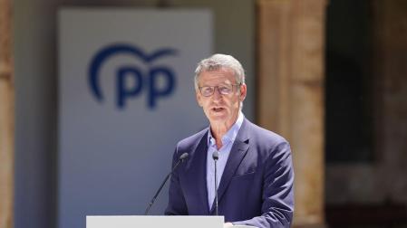 El presidente del Partido Popular, Alberto Núñez Feijóo, interviene durante una reunión para abordar la EBAU única