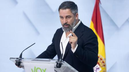 El líder de Vox, Santiago Abascal, durante la rueda de prensa posterior al Comité de Acción Política del partido
