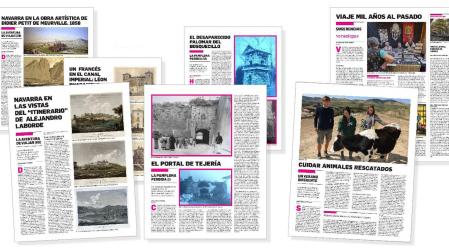 Algunas de las páginas que se podrán ver a lo largo de este verano, dedicadas a los edificios de Pamplona ya desaparecidos, a las crónicas y dibujos de los viajeros que pasaron por Navarra en el siglo XIX y la que se dedican a las sugerencias, los bares y las rutas