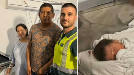 Los padres de la pequeña, junto a uno de los agentes de la Guardia Civil, y la pequeña recién nacida