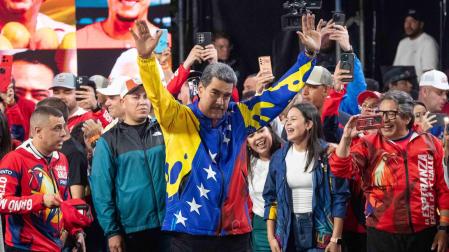 El presidente de Venezuela, Nicolás Maduro (d), celebra tras conocer los resultados de las elecciones presidenciales