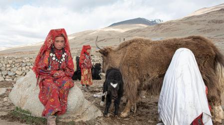 Una mujer (izq.) ordeña a un yak en el Pequeño Pamir afgano, habitado por tribus nómadas kirguises. Un velo blanco distingue a las mujeres casadas, mientras las solteras lo llevan de color rojo.