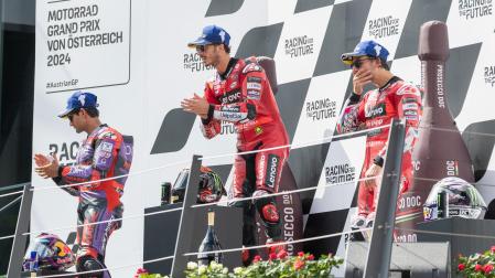 Jorge Martín, Francesco Bagnaia y Enea Bastianini, en el podio de MotoGP del Gran Premio de Austria