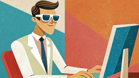 Un hombre de negocios con gafas de sol, trabajando en una computadora