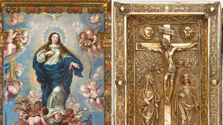 A la izquierdo, lienzo de la Inmaculada con la luna a los pies y corona de estrellas, de las Benedictinas de Lumbier (Alzuza), por Diego Gonzáles de la Vega, 1677. A la derecha, Evangeliario de plata de la Catedral de Pamplona (segundo tercio del siglo XVI), que contiene un códice medieval en pergamino con los Evangelios y otros textos. Sobre él  se juraban los Fueros. Catedral de Pamplona