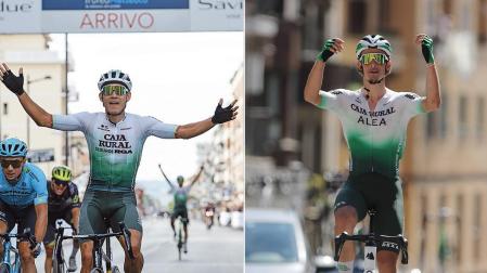 A la izquierda, Orluis Aular celebra su victoria en el Trofeo Matteotti; a la derecha, Javier Ibáñez se impone en Alsasua