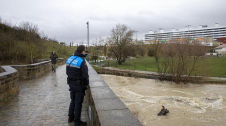 Un policía municipal de Burlada observando la crecida del río Arga