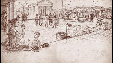 Una recreación del foro romano de Pompaelo, entre las ilustraciones del futuro libro.
