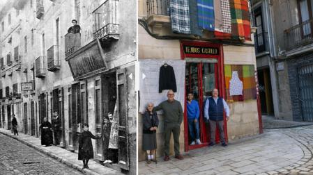 El antes y el ahora de Tejidos Castillo, en dos fotografías. En la foto de la izquierda, de 1910, se ve al fundador de Tejidos Castillo, Saturnino -a la izda. en el grupo de 4 personas a la dcha. de la imagen- en la puerta de su tienda. En la foto de la derecha, de izda. a dcha.: Sofía Castillo Puyuelo, Enrique González Castillo, Lamec Condori Huaman, y Martín González Castillo, en la puerta de su negocio con telas colgando de la fachada colocadas de propio para recrear la imagen antigua