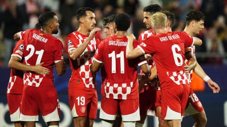 Los jugadores del Girona celebran uno de los dos tantos anotados contra el Slovan de Bratislava