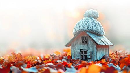 Una encantadora casa en miniatura cubierta cálidamente por un gorro de punto, enclavada entre coloridas hojas de otoño, lista para el invierno