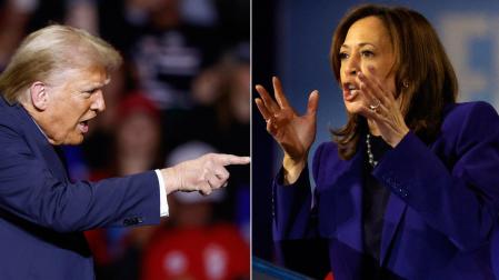 A la izquierda, Donald Trump, el viernes en un mitin en Milwaukee (Wisconsin). A la derecha, Kamala Harris, candidata demócrata, en un acto en Reno (Nevada)
