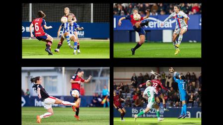 LA COPA CONTRA LOS PRIMERAS. (Arriba izda.) 23-11-2022: Celia Ochoa y Merche Izal, ante el Sporting de Huelva (2-1). (Arriba dcha.) 10-1-2023: Irati Urruzola, frente a la Balón de Oro, Aitana Bonmatí (Barça). El partido lo ganaron las azulgrana 0-9, pero lo perdieron por alineación indebida 0-3. (Abajo izda.) 9-3-2023: Marta Unzué choca con Maitane Vilariño. El Athletic ganó 1-2. (Abajo dcha.) 8-11-2023: Elena Valej, en el partido frente al Betis de la pasada campaña (1-2).