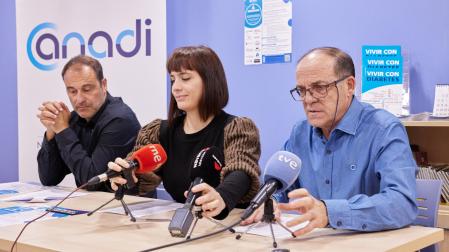 Desde la izda.: Humerto Pérez de Leiva, vicepresidente; Cristina Azagra, gerente; y Juantxo Remón, presidente de la asociación Anadi, durante la rueda de prensa