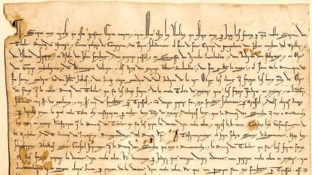 Documento del rey Teobaldo I, 5 de noviembre de 1237. El rey acuerda con los hidalgos del reino, la forma de probar la infanzonía. Los sellos pendientes son los del rey, el obispo de pamplona, el arcediano de la Tabla y cuatro ricoshombres