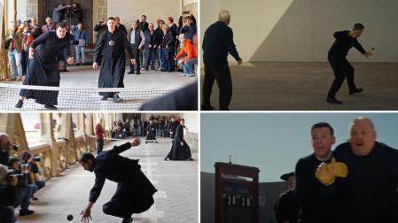 A la izquierda, dos imágenes del partido de pasaka disputado en el sobreclaustro de la catedral de Pamplona; a la derecha, dos fotogramas de la serie 'Los Misterios de Murdoch'