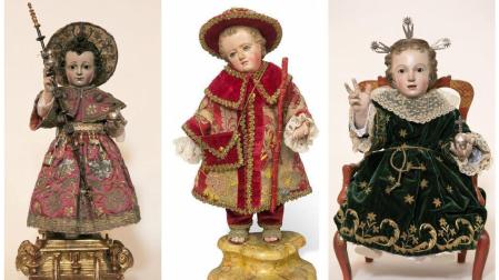 De izquierda a derecha: imagen del Niño Jesús de Araceli de Corella, Niño Jesús peregrino de las Clarisas de Olite y Niño Jesús entronizado de las Capuchinas de Tudela