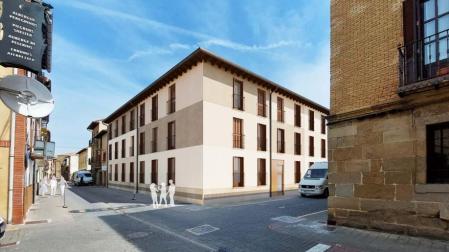 Recreación de la promoción de VPO de alquiler que se prevé construir en la calle Mayor de Sangüesa.