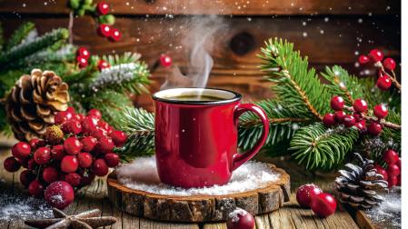 Imagen de archivo de una taza de té caliente en Navidad