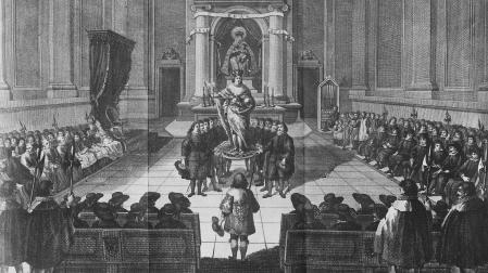 Grabado de Antonio Rodríguez, realizado por Manuel Albuerne, que representa la coronación y levantamiento del rey de Navarra sobre su escudo /