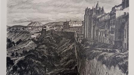 Grabado de la Ronda del obispo Barbazán, del artista escocés Muirhead Bone.