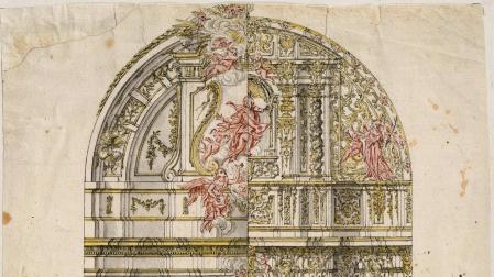 Proyecto para la reforma del retablo mayor de Villafranca, por Santiago Marsili (1783) que incluye a la derecha el diseño del retablo contratado por Vicente Frías en 1730.