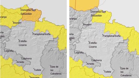 Mapas con la previsión del tiempo en Navarra para este domingo, 26 de enero (izda.) y el lunes 27 de enero (dcha.)