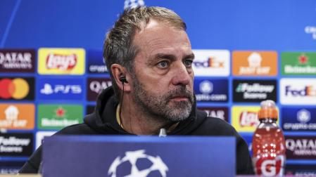 Hansi Flick, entrenador del F.C. Barcelona, durante la rueda de prensa previa al choque de Champions contra el Atalanta