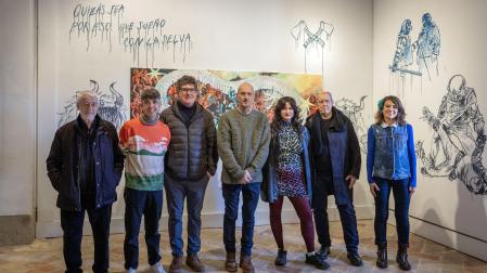 Desde la izquierda, Pedro Salaberri, David Anocibar, Carlos Puig, Juan Sukilbide, Andrea Ganuza, Pedro Osakar y Maider Beloki, este viernes 31 de enero en la rueda de prensa