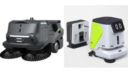 Las dos nuevas máquinas automatizadas de limpieza industrial presentadas por AUTOCAR: el PUDU MT1 (izda) y el PUDU CC1 (dcha)