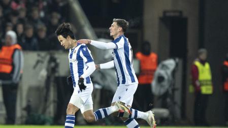 Take Kubo celebra su gol ante el Midtjylland