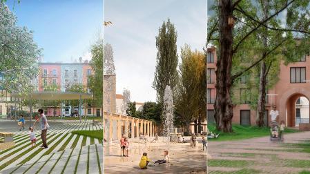 Detalle de las tres propuestas para la renovación de la plaza de Santa Ana en Pamplona