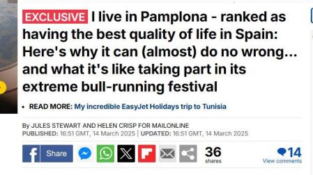 Titular del Daily Mail elogiando Pamplona como ciudad para vivir