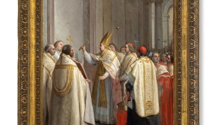 Apertura de la puerta santa de San Pedro del Vaticano por Benedicto XIV. Óleo sobre cobre, talleres romanos, 1750. Pamplona, agustinas recoletas