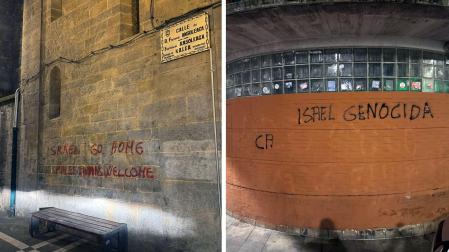 Dos de las pintadas realizadas en la iglesia de San Saturnino y en la plaza de San Francisco